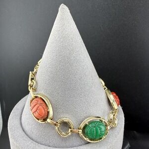 Vintage Scarab Bracelet Egyptian Revival Carved Polished Stone Gold Tone 7.5"